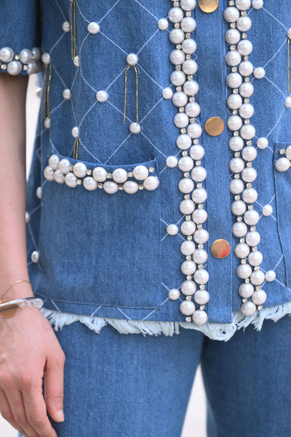Denim Criss-cross Embellished Pearl Set