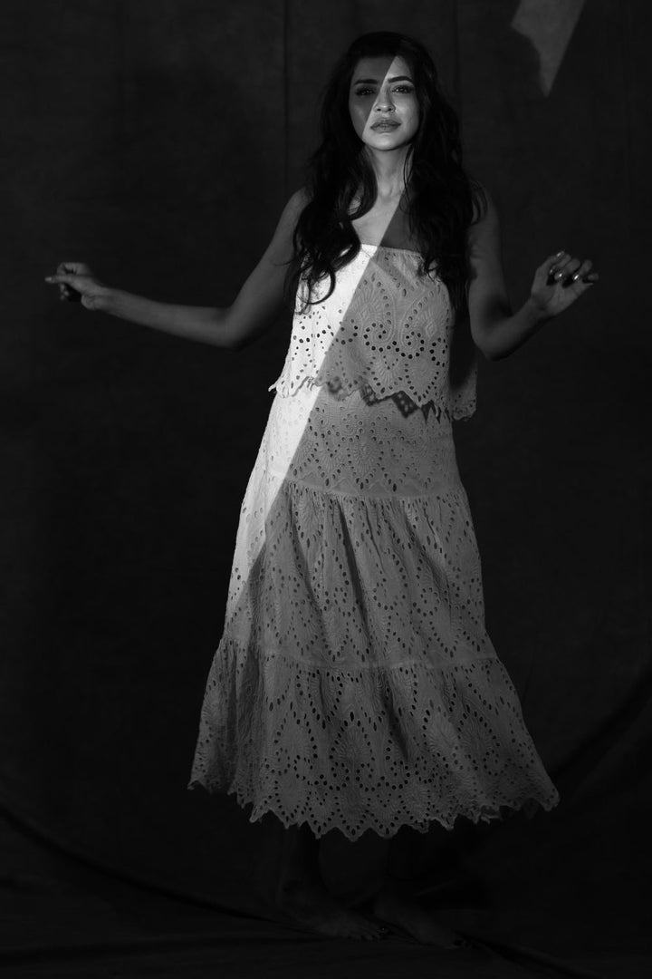 Lakshmi Machu In Our Ivory Off Shoulder Skirt Set