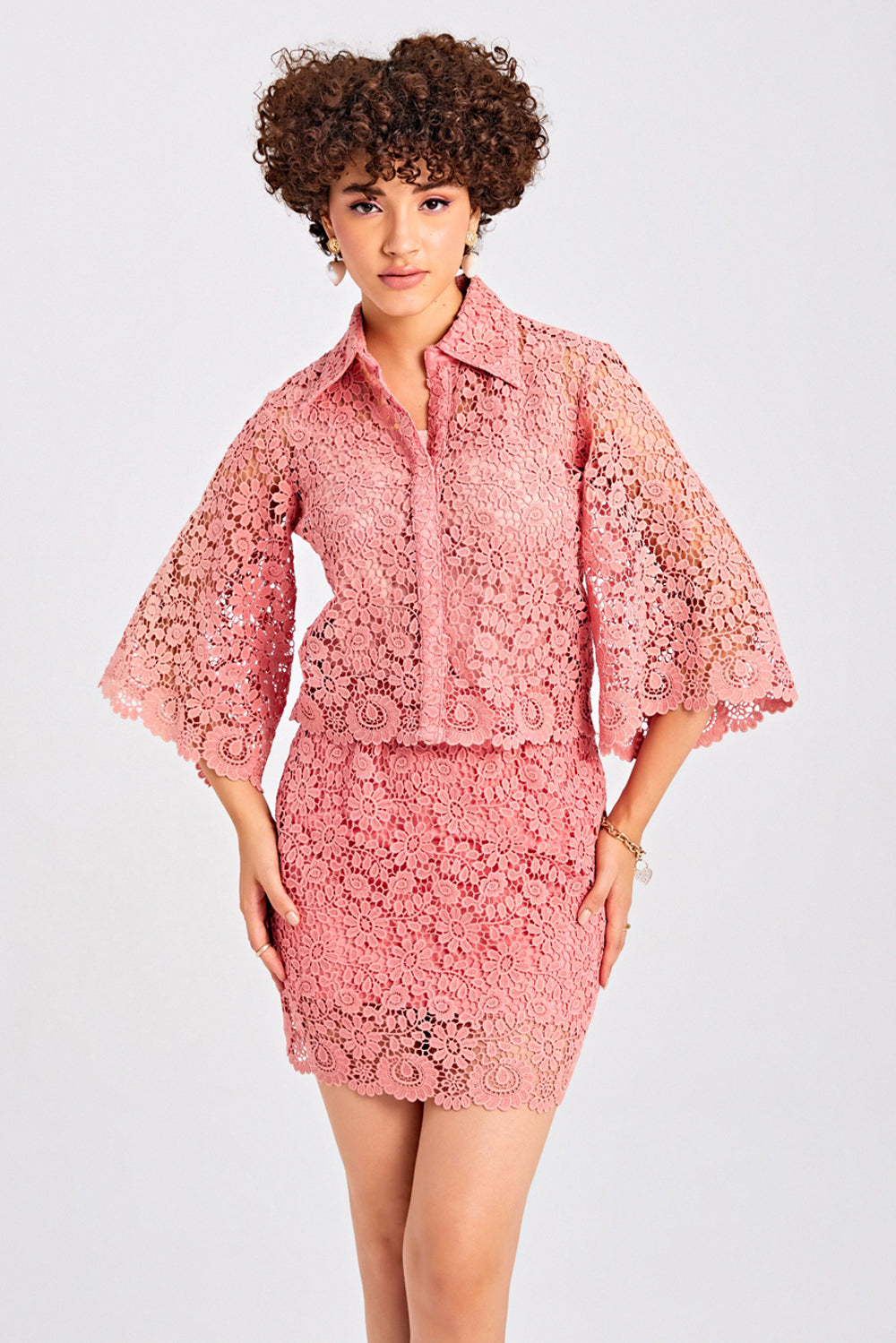 Pink Lace Cropped Jacket With Skirt Set