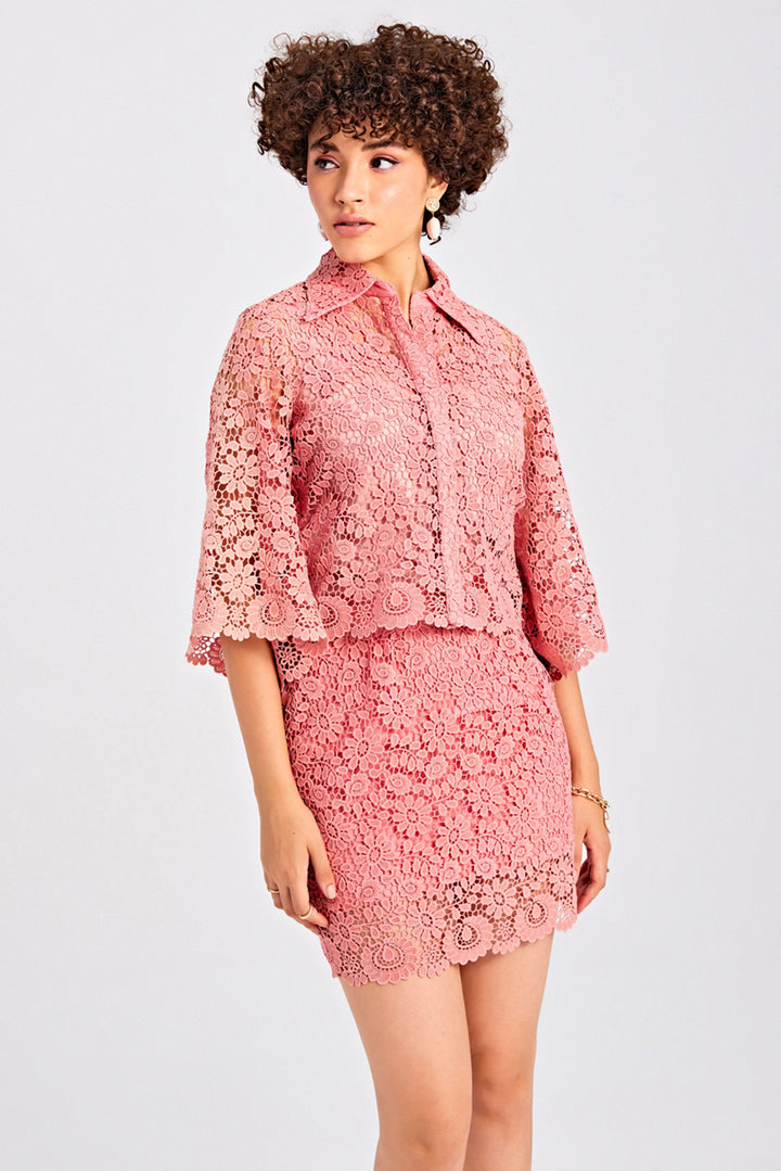 Pink Lace Cropped Jacket With Skirt Set