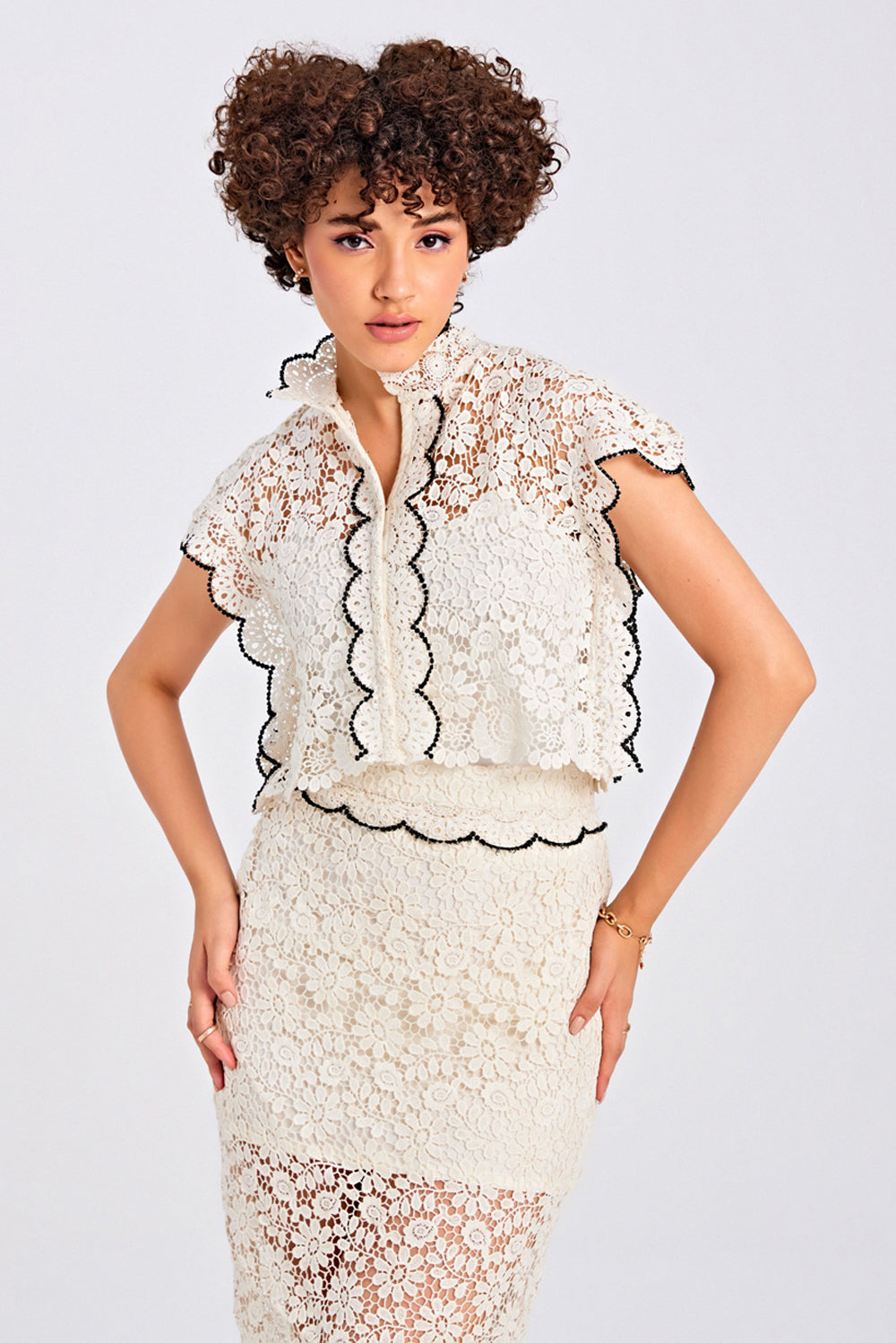 Ivory and Black Lace Top & Skirt Set