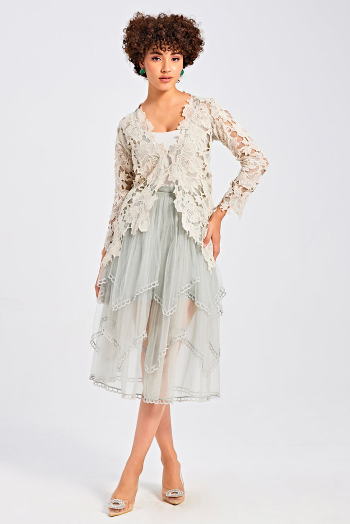 Flower Lace Jacket With Tulle Skirt Set