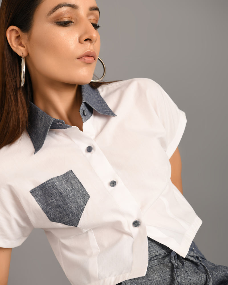 Santorini White & Blue Linen Crop Shirt